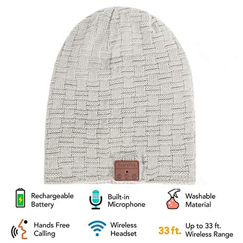 Bearsfire Wireless Music Beanie Hat With Bluetooth Headphones Speaker Mic Winter Warm Skull Running Knit Cap For Men Women Light Gray #TOP1