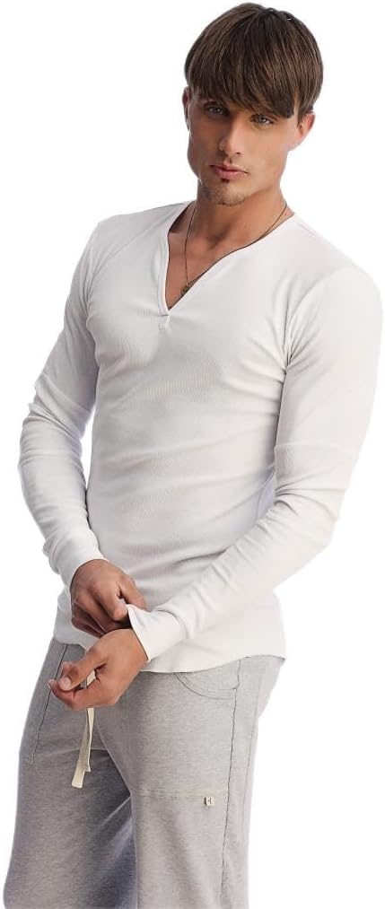4-rth Men's Ribbed Thermal V-Neck Long Sleeve Yoga & Gym Henley Modal Fabric Made in America Stretch European Style Fit