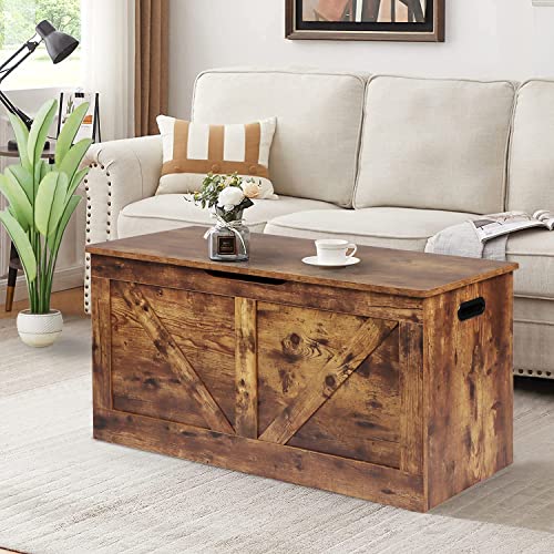 Timberer 39.4\" Storage Chest, Wooden Storage Bench, Large Storage Trunk with 2 Safety Hinges, Entryway Shoes Bench for Living Room, Bedroom, Rustic Brown