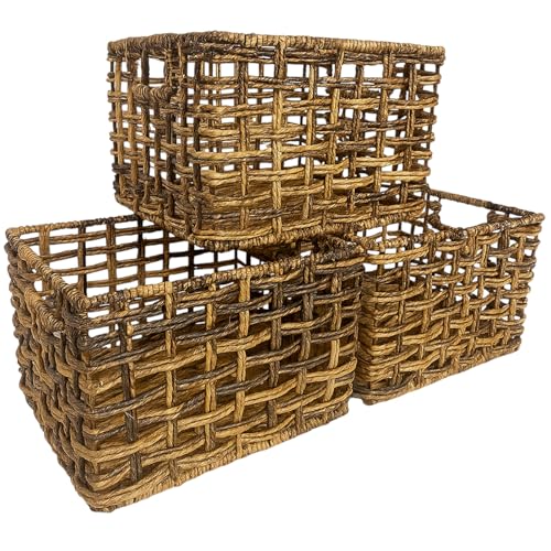 Wrightmart Handwoven Abaca Wicker Basket Set of 3 – 12x10x8 Open Weave Storage Baskets, Natural Woven Bins for Pantry, Bookshelf & Closet Organization, Sustainable Decorative Rattan Design