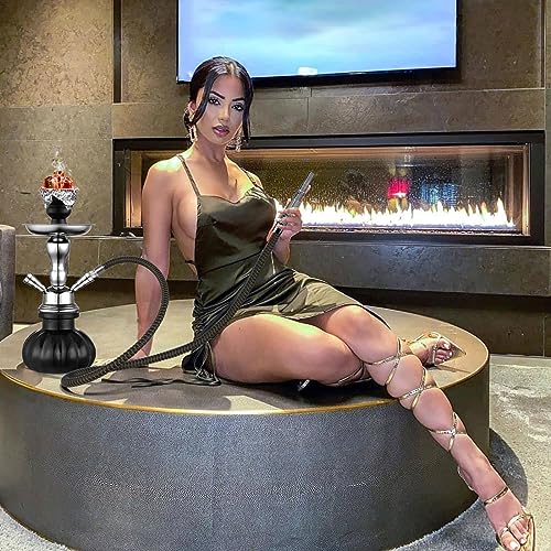 2 Hose Hookah Set 11'' Small Shisha Hookah Set With Mini Pumpkin Glass Vase, Ceramic Bowl, Leather Hose, Coal Tong, 50 Hookah Foil, 50 Disposable Tips (Black) #TOP5