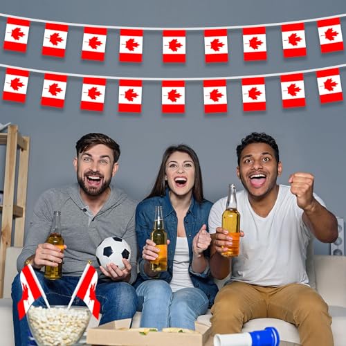 Image of AhfuLife 33 Ft Canada Small Flags Banner for World Cup Decoration 2026, 30 Pcs Mini Canadian Bunting String Flags - Double Sided for National Day Sports Garden Party Celebration Decor (5.5x8.3 Inch)