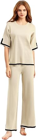 Womens 2 Piece Outfits Sweater Sets Knit Lounge Set Pullover Crewneck Tops Wide Leg Pants For Summer WNZ001