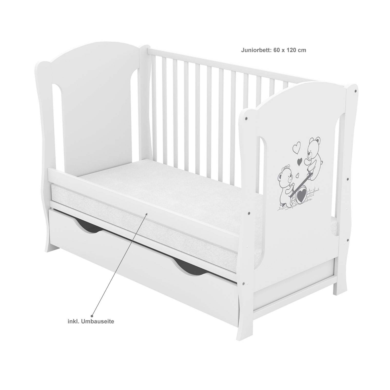 Babybett 60x120 weiß Kinderbett umbaubar zum Juniorbett Schublade Matratze Teddy Wippe Motiv