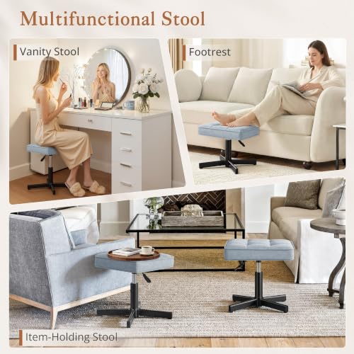Image of LUE BONA Adjustable Vanity Stool, 15''-19.5'' Foot Rest Under Desk, 360 Swivel Vanity Chair for Makeup Room, Blue Upholstered Faux Leather Ottoman for Bathroom & Living Room, 300lbs
