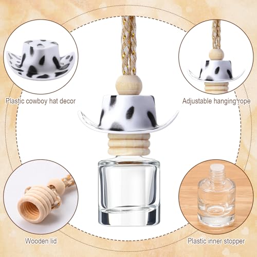 Image of 3 Pieces Cowboy Hat Air Freshener Hanging Cow Diffuser Bottles Western Country Refillable Empty Glass Perfume Bottle Car Interior Rear View Mirror Accessories(White, Spots, Pink,Cow)