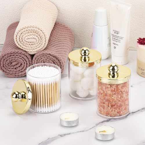 Image of Tbestmax 10oz Qtips Holder Bathroom Container - Plastic Apothecary Jar with Gold Lids for Cotton Bal Swab Round Pads, Floss - Gold