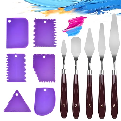 YWKJDDM Palette Knife Set - 11Pcs, 5 Stainless Steel & 6 Purple Plastic Scrapers for Art Craft Painting