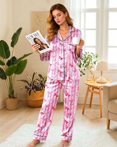 Image of Silky Pajamas for Women 2 Piece Long Sleeve Pj Sets Women's Satin Sleepwear Button Down Loungewear Set