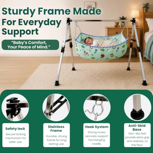 Image of Baby Cradle for New Born with Stand | Semi Foldable Jhula Palna Ghodiyu for 0-3 Years | Portable Baby Swing Cradle with Mosquito Net & Storage Bag for Home & Travel Use