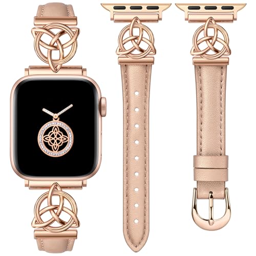 Minyee Compatible with Apple Watch Bands Leather 42/44/45/46/49mm Women, Slim Dressy Leather Strap with Celtic Knot Triquetra Metal Buckle for iWatch Series 11 10 9 8 7 6 5 4 SE/Ultra 3 2 1,Rose Gold