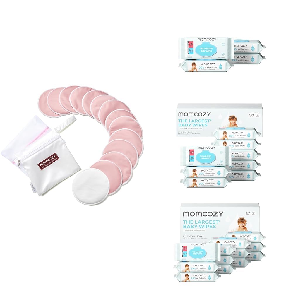 Bundle of Momcozy Reusable Nursing Pads, 14 Pack and Baby Wipes