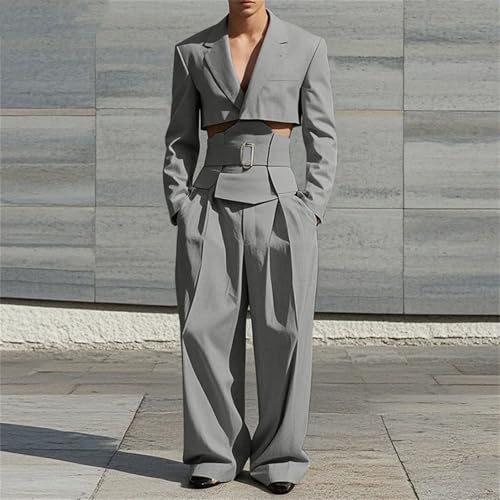 Men Casual Cropped Waistband Design Suit and Wide Leg Suit Pant 2 Pieces Sets4