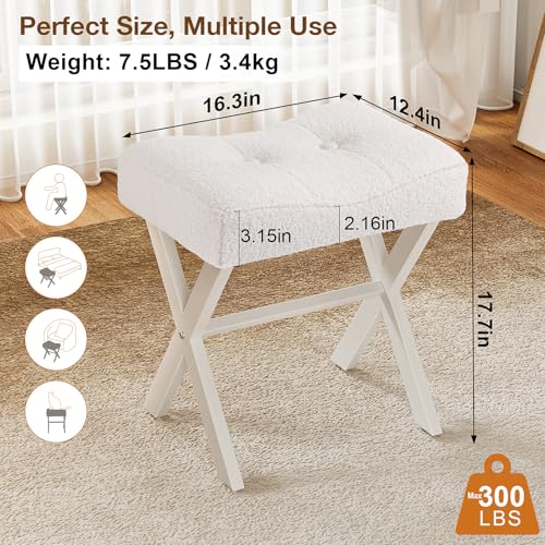 Image of Memobarco 18-Inch Vanity Stool Chair, Vanity Bench with Metal X-Legs, Ottoman Accent Stool with Breathable and Soft Boucle Fabric Saddle Seat, White