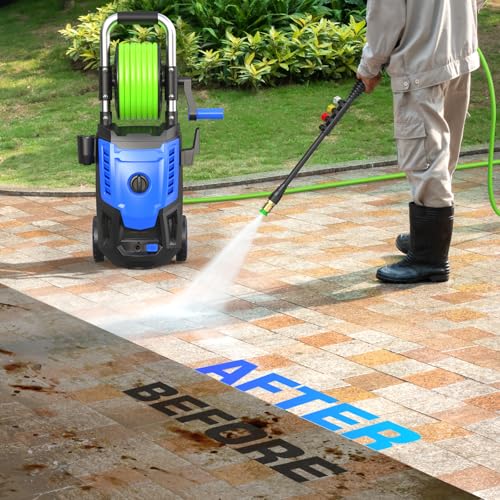 4800 PSI Electric Pressure Washer- 4.0 GPM High Power Washer with 33FT Hose Reel, 4 Spray Tips and Soap Bottle for Car Washing, Fence Cleaning, Patio Maintenance（Upgraded）(Blue) thumbnail 2