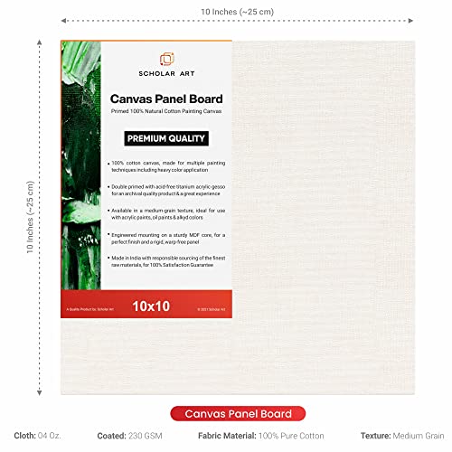 Image of Scholar Art Hobby Series 04 Oz (230 GSM) 100% Cotton Canvas Panel Board for Painting (White Blank Canvas Boards for Acrylic Paint, Oil Paint, Wet & Dry Media) | 10 inchx10 inch (25x25 cm), Pack of 12