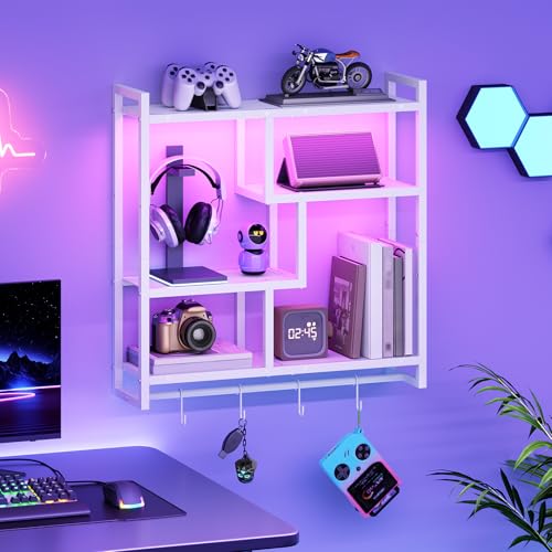 Image of HOOBRO Gaming Floating Shelves with LED Lights, 28.7 inch LED Wall Mounted Shelf, 4-Tier Floating Wall Shelf for Storage, Display Rack with Hanging Bar and 4 S Hooks, for Gaming Room, White WT37DBJ01
