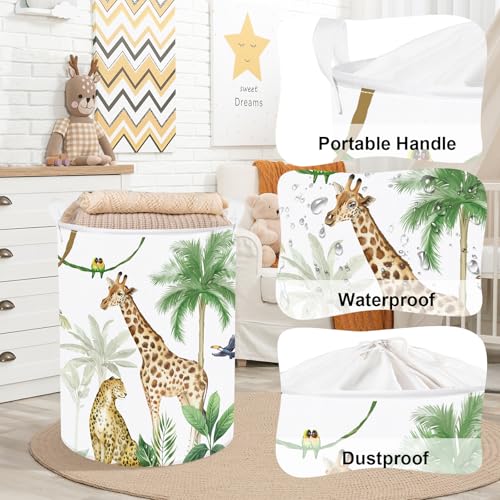 Image of Clastyle Tropical Jungle Animals Baby Laundry Hamper Palm Tree Kid Storage Basket Boys Girls Gift Toy Box Collapsible Clothes Organizer Nursery Bin for Bedroom, Giraffe, 36 * 45 cm
