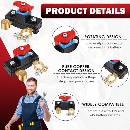 2Pcs Battery Disconnect Switch 12 V 24 V, Stable Transmission High Conductivity Car Battery Cut Off Switch Breaker Pure Copper Manual Rotary Battery Shut Off Switch for Car Truck RV Boat Power Control - 4