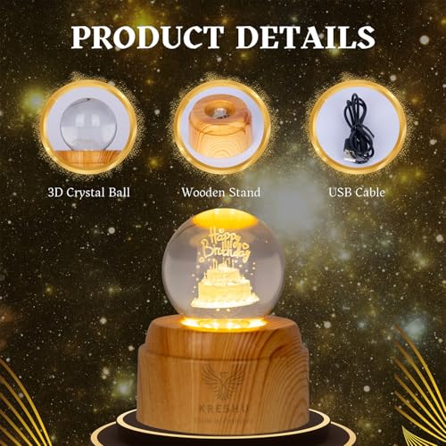 Image of KRESHU Happy Birthday 3D Crystal Rotating Glass Ball Dimmable Warm LED Light Wooden Stand Luminous USB Cable Decoration Night Lights for Art Home Decoration Birthday Gift (Pack of 1)