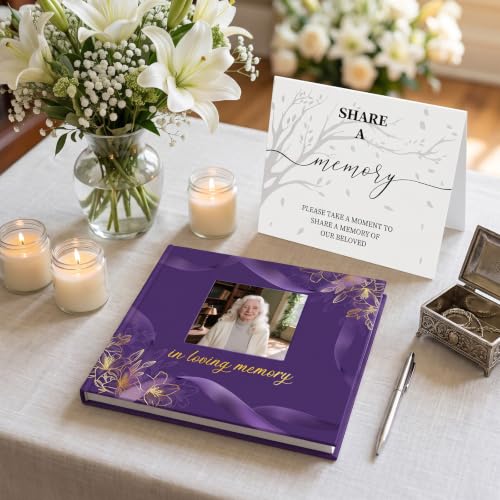 Image of Funeral Guest Book, in Loving Memory Sign in Book with Photo Slot | 330 Entries, Table Sign Card Included, Gold Stamping, Hardcover, Celebration of Life Keepsake, 9x7.5 inch, Purple