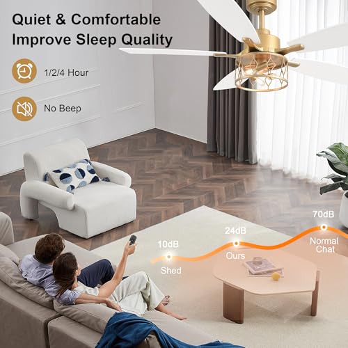 Image of 52 Inch White and Gold Ceiling Fan with Lights Modern Fandelier | Industrial Caged Fandalier, Farmhouse Rustic Chandelier Light for Living Room Bedroom, Reversible 6 Speeds, Remote Control