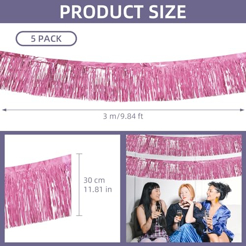 Image of 5 Pack 10 Feet Pink Fringe Garland - Metallic Streamers Tinsel Banner for Birthday Party Decor - St Patrick Halloween Christmas Decoration