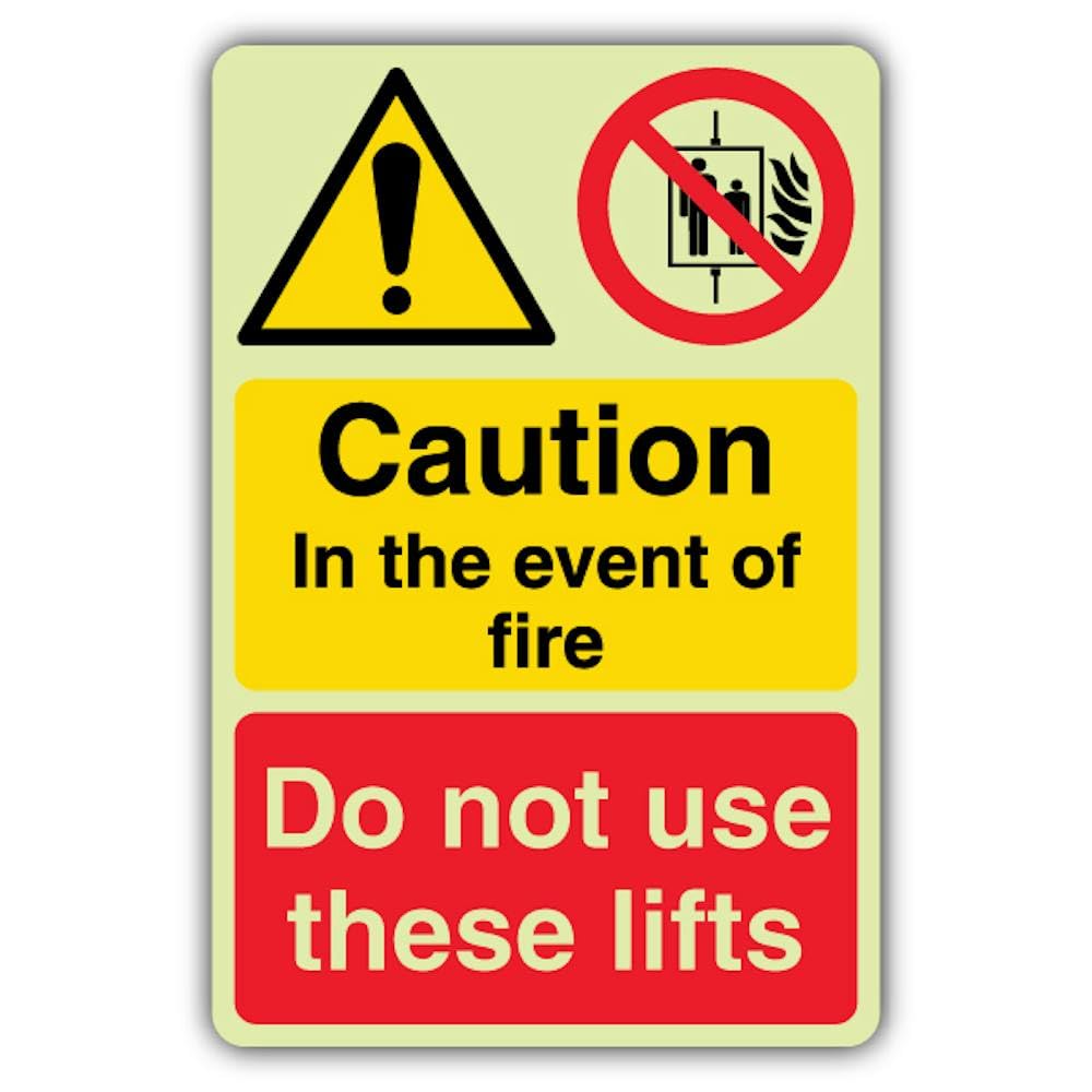 V Safety - Señal de seguridad que brilla en la oscuridad, precaución en caso de fuego, no utilices estos elevadores, 400 x 600 mm, hecha de vinilo autoadhesivo de doble brillo, señalización de
