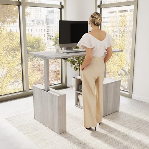 Image of Bush Business Furniture 60-inch Electric Height Adjustable Standing Desk with Bookcase, Ergonomic Sit-Stand Computer Table for Office, Stratus Collection, Platinum Gray with Metallic Gray Base