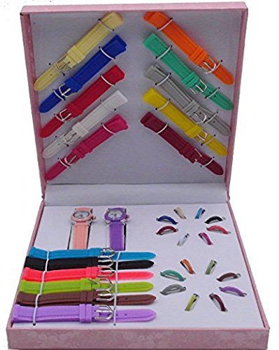 GenericInterchangeable Girl Watch Set – 2 Quartz Analog Wrist Watches with 20 Assorted Colored Silicon Straps and Bezels – Assorted, Small, Classic