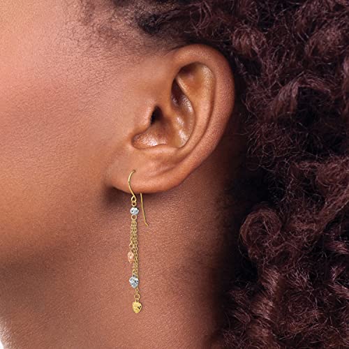 Solid Gold 14K Tri-Color Diamond Cut Triple Heart Dangle Shepherd Hook Earrings - 55Mm #TOP2