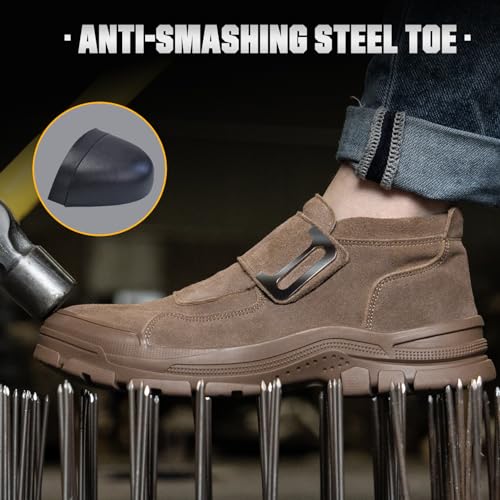 Image of Hogent Welding Work Boots for Men Slip on Steel Toe Shoes for Men Soft Comfortable Safety Boots Mens Work Boots Indestructible Puncture Proof Construction Boots for Men Safety Toe Footwear for Welder