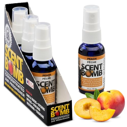 Image of Scent Bomb Air Freshener Spray, Long-Lasting Odor Eliminator - Effective Deodorizer for Home & Car, Fresh Room Spray for Kitchen, Bathroom & Smell Neutralizer - 1 oz Pack of 4, Peach Scent