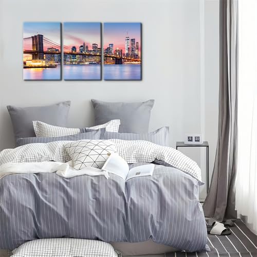 Pacimo Framed Wall Art Brooklyn Bridge Canvas Decor Set of 3, Manhattan Skyline Wall Decor Prints Posters Modern Art, Sunset Cityscape Wall Art for Bedroom Living Room Office - 16"x24"x3 Panels by Pacimo - Used condition - Image 3