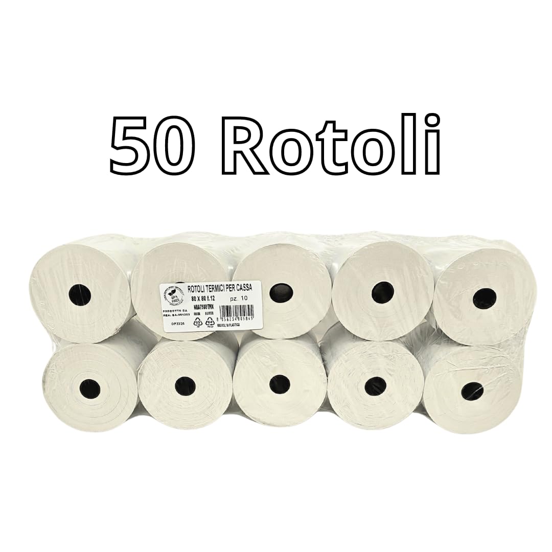 50 Rotoli Carta Termica 80x80x12mm Professionali (80 Metri) | BPA Free & Omologati | Per Registratore di Cassa RT, Stampante Fiscale, Epson, Custom e POS