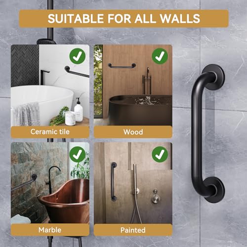 Image of AmazerBath Shower Grab Bars for Seniors Anti Slip, Bath Safety Grab Bar for Needy, Stainless Steel Bathroom Safety Grab Bars, Thickened Bar Bigger Base Holds 500LBS, 12 inch L x 1 inch D, Black