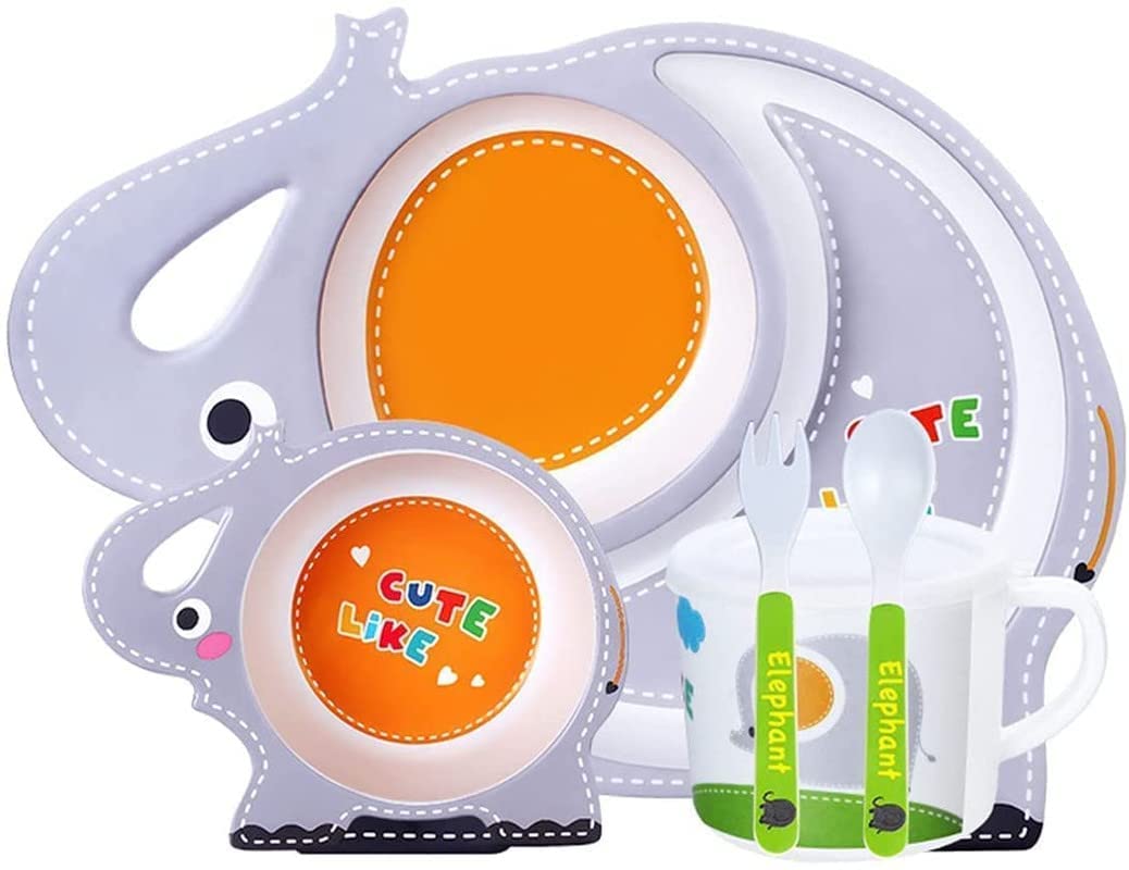 Baby Tableware Set 5pcs Kids Dinnerware Eco Friendly Bamboo Fiber Dinner Set for Weaning Toddler/Kids, Self Feeding Baby Utensil - Plate,Bowl,Glass,Spoon,Fork (Elephent)