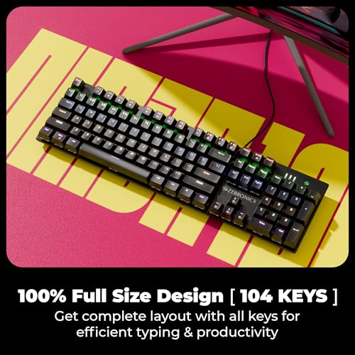 Image of Zebronics Wired Mechanical Keyboard, Silent Linear Red Switches, 104 Keys, 12 Multimedia Keys, 26 Key Anti Ghosting, Double Shot Keycaps, 17 LED Modes, Multimedia Keys, 1.5m Cable (Max Ninja 100)