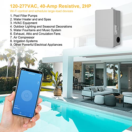 Image of Suraielec WiFi Pool Timer, Outdoor Indoor Smart Switch, 40 AMP, 2HP, 120, 240, 277 VAC, Heavy Duty Pool Controller Light Timer Box for Pool Pump, Water Heater, Spa, Powerful Electrical Appliances | Work with Smart Life /Alexa /Google Home, Heavy Duty Smart Switch for Pool Pump, Water Heater, Spa, Outdoor Use