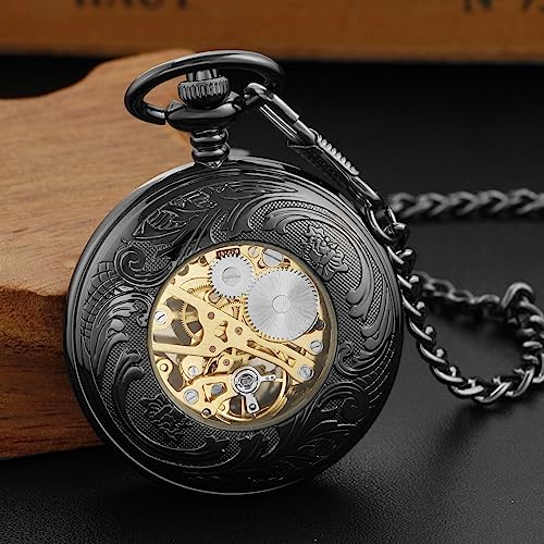 Image of Black and Silver Roman Numeral Dial Mens Mechanical Moon Phase Design, Moon Sun Pattern Skeleton Mechanical Pocket Watches for Men with Case and Chain - Black