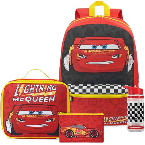 Get Trend Disney Cars Boys 4 Pc Backpack Set with Lightning McQueen Lunch Bag Water Bottle Pencil Case, Gifts for Boys (Red/Yellow Cars)