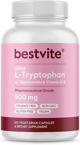 BESTVITE L-triptófano 500mg con B3 y B6 (120 cápsulas vegetarianas) - Sin rellenos - Sin estearatos