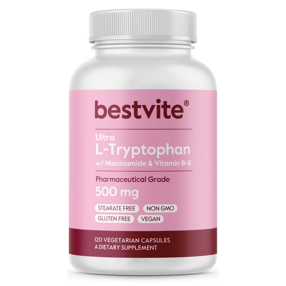 BESTVITE L-Tryptophan 500mg with B3 & B6 (120 Vegetarian Capsules) – No Fillers – No Stearates