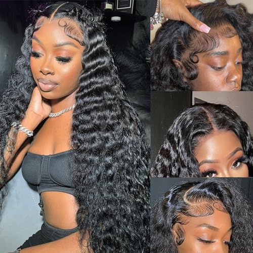 Sathen Full 13x6 Deep Wave Lace Front Wigs Human Hair 200 Density Deep Part Lace Front Wigs Pre Plucked Transparent Full Lace Frontal Wig Pre Plucked with Baby Hair 32 Inch