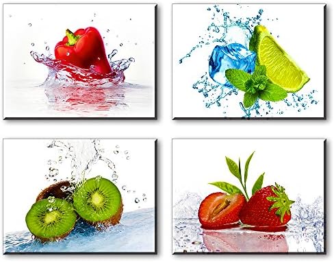 Kitchen Pictures Wall Decor, 4 Piece Set Colorful Fruits and Ices Canvas Wall Art, Cool Summer Canvas Prints for Dining Room (Water Proof Artwork, Bracket Mounted Ready Hanging, 1" Thick)