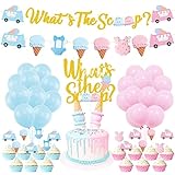 Gender Reveal Party Decorations - Ice Cream 'What's the Scoop' Banner Cake Cupcake Topper Pink Blue Balloon for Summer Ice Cream Theme Boy or Girl Baby Shower Mom To Be Party Supplies