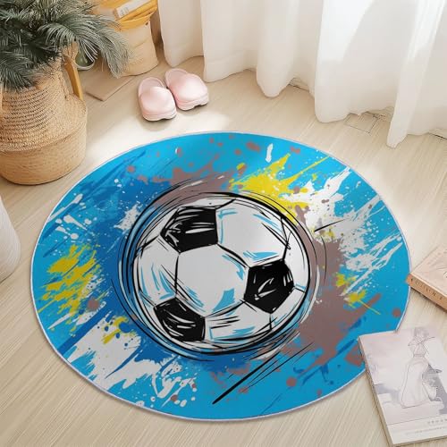 Tapis rond football antidérapant et poils ras bleu et blanc pour déco thématique