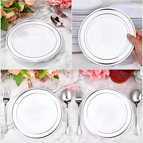 Gandeer 150 Pieces Plastic White Plates Set Disposable Salad Dessert Cake Plates With Decorative Rim Plastic Plates Bulk For 150 Guests Dinner Wedding Party Picnic Bbq Plates, 7.5 Inch White Silver #TOP3