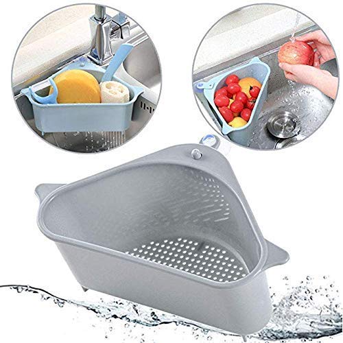 Image of ANKUL Triangle Kitchen Sink Organizer with Corner Strainer Basket, Drain Drainer Storage Rack, Food Catcher, Waste Collector Tray (MIN 1 Quantity, Grey)