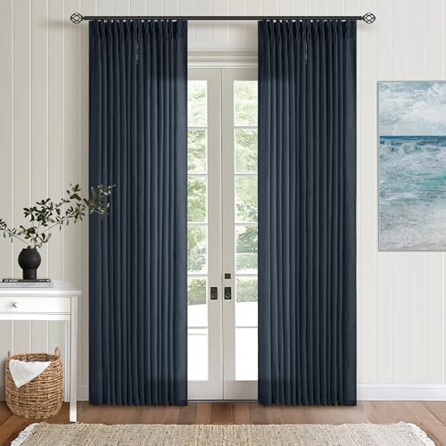 Image of Pinch Pleated Navy Linen Curtains 84 Inches Long 2 Panels Set for Living Room Dining Pinch Pleat Back Tab Light Filtering Farmhouse Boho Retro Window Curtain Drapes 84 Inch Length Dark Blue Indigo